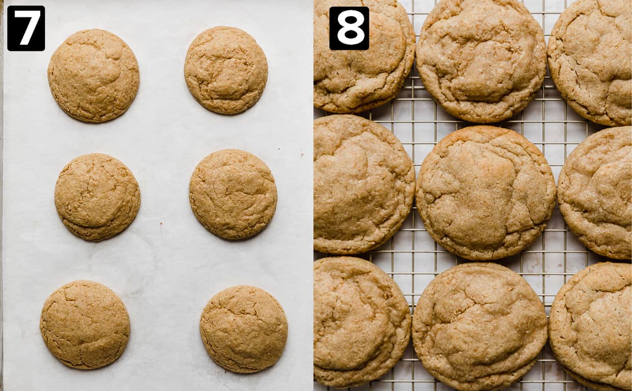 Two photos: left shows six baked Graham Cracker Cookies on a white background, right photo is Graham Cracker Cookies on a wire cooling rack.