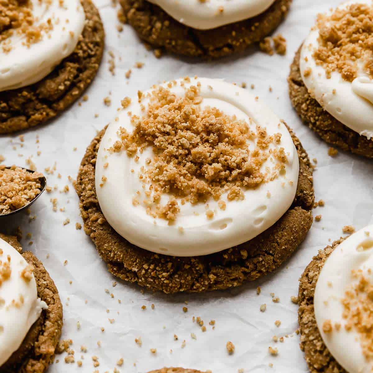 A graham cracker cookie topped with swirled cream cheese frosting and graham cracker crumbles.