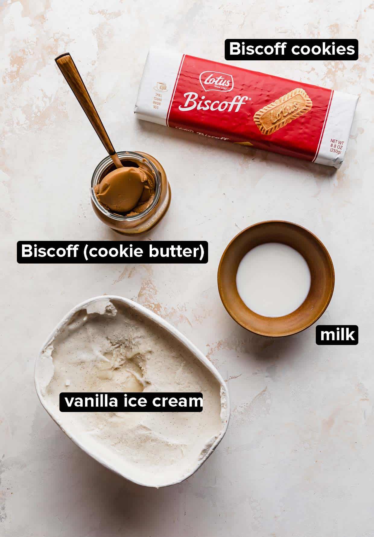 Biscoff Milkshake ingredients on a white background: vanilla ice cream, cookie butter, Biscoff (lotus) cookies, and milk.