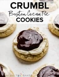 Cookie topped with vanilla cream and chocolate ganache with the words, "Crumbl Boston Cream Pie Cookies" written over the photo in black text.