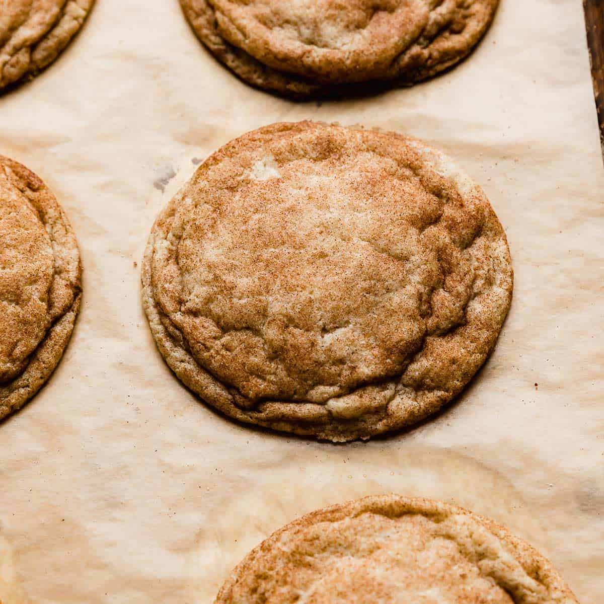 A large snickerdoodle cookie on a tan parchment paper.
