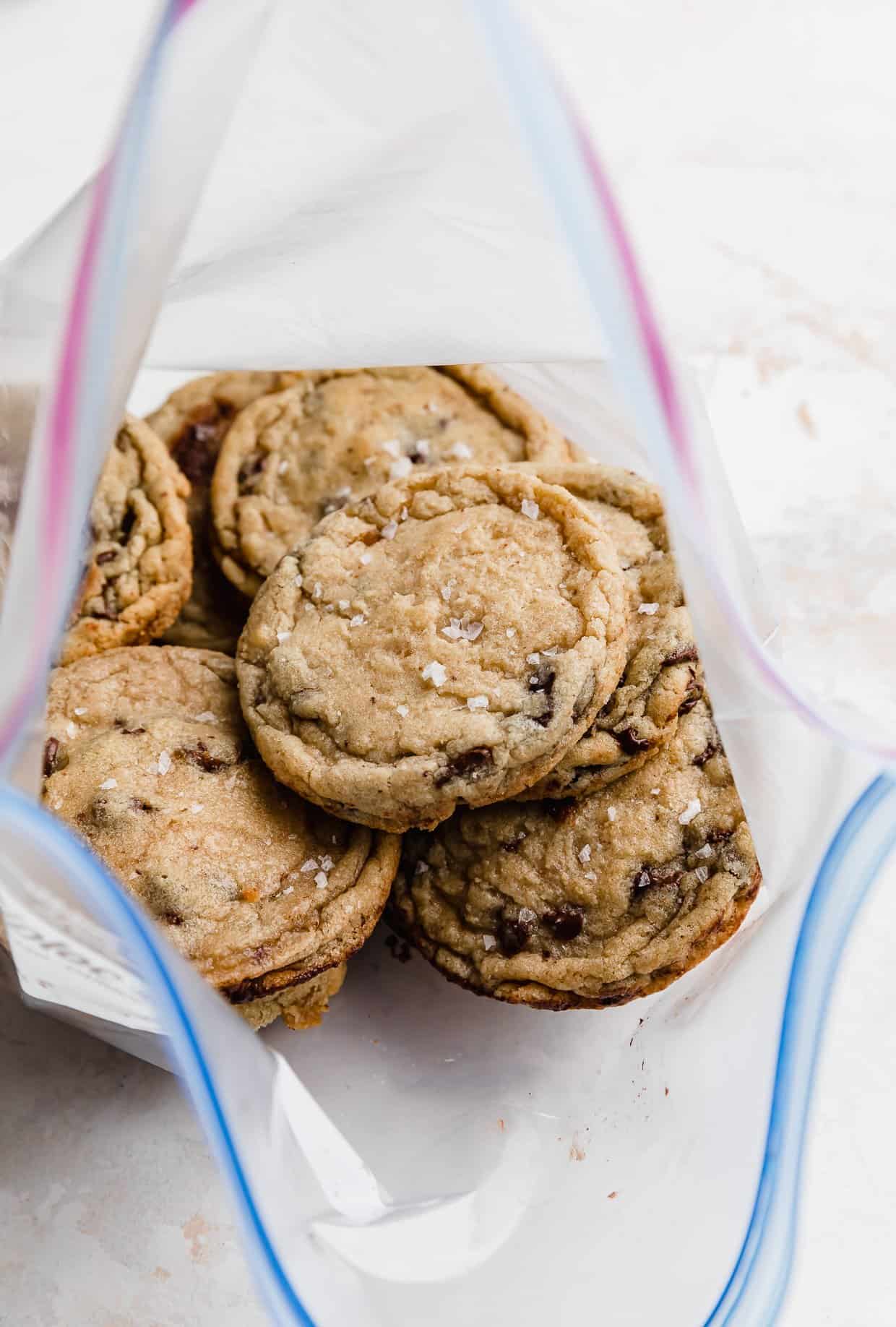 Frozen chocolate chip cookies in a ziplock bag.