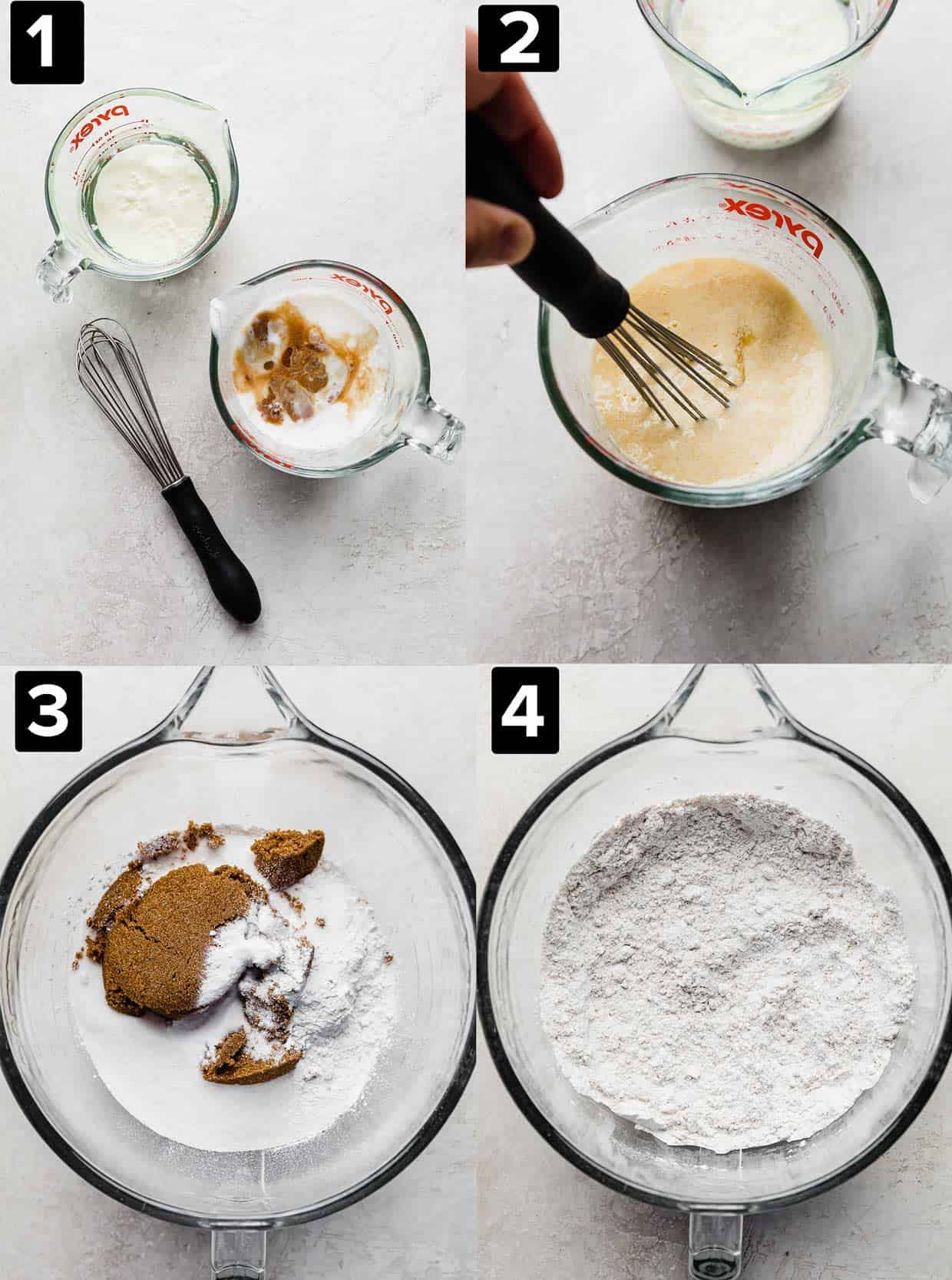Four photos showing the making of a Butterscotch Cake, a glass bowl with dry ingredients, and liquid glass bowl with buttermilk in it.
