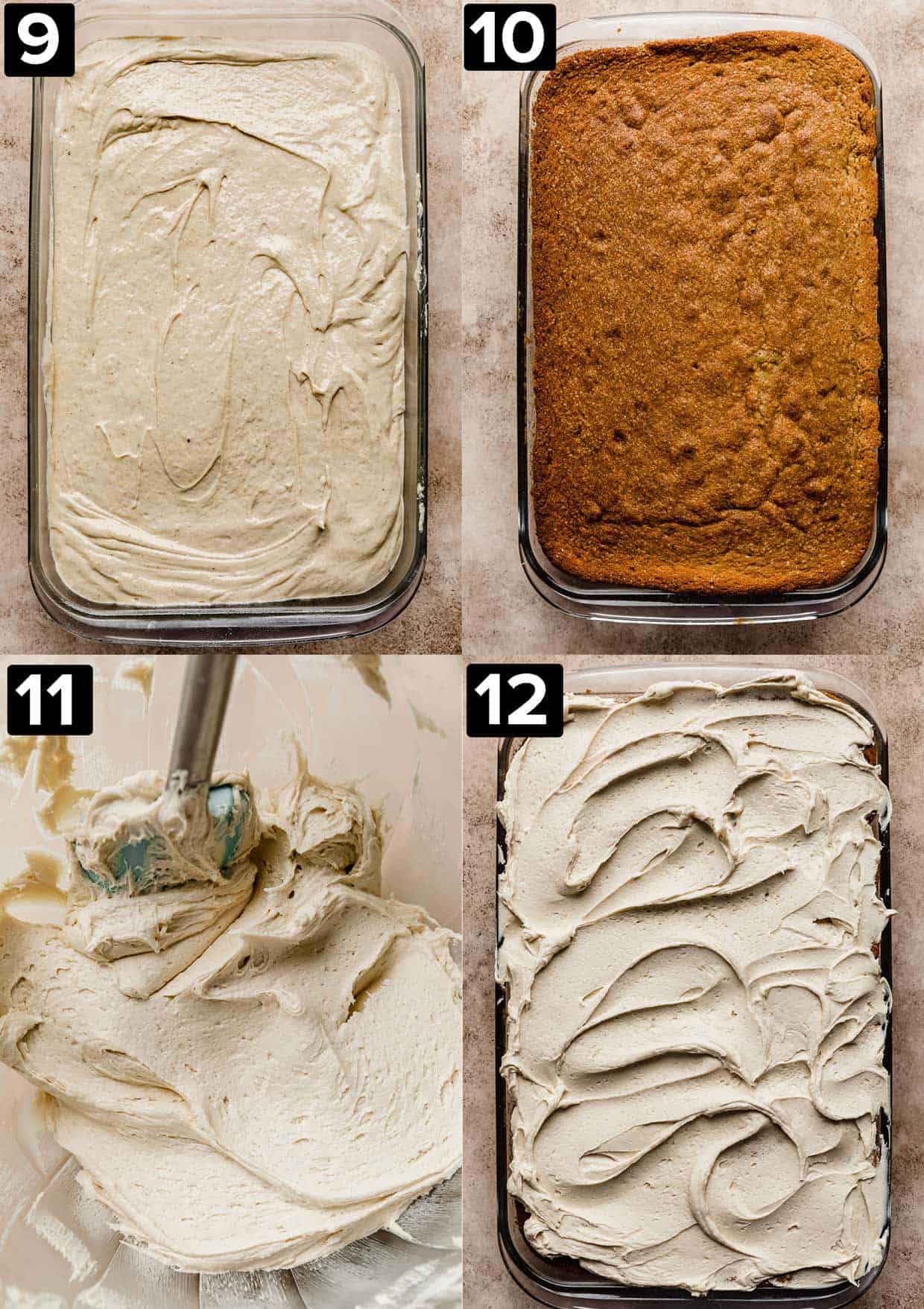 Four photos with the top two photos with Butterscotch Cake batter in a baking dish, the right photo with baked Butterscotch Cake, bottom left photo is Butterscotch frosting, and bottom right has Butterscotch frosting over Butterscotch Cake.