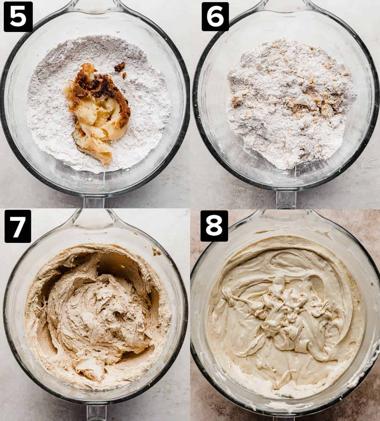 Four photos showing a glass mixing bowl with dry ingredients, mixed together, cake batter, and the final Butterscotch Cake batter.
