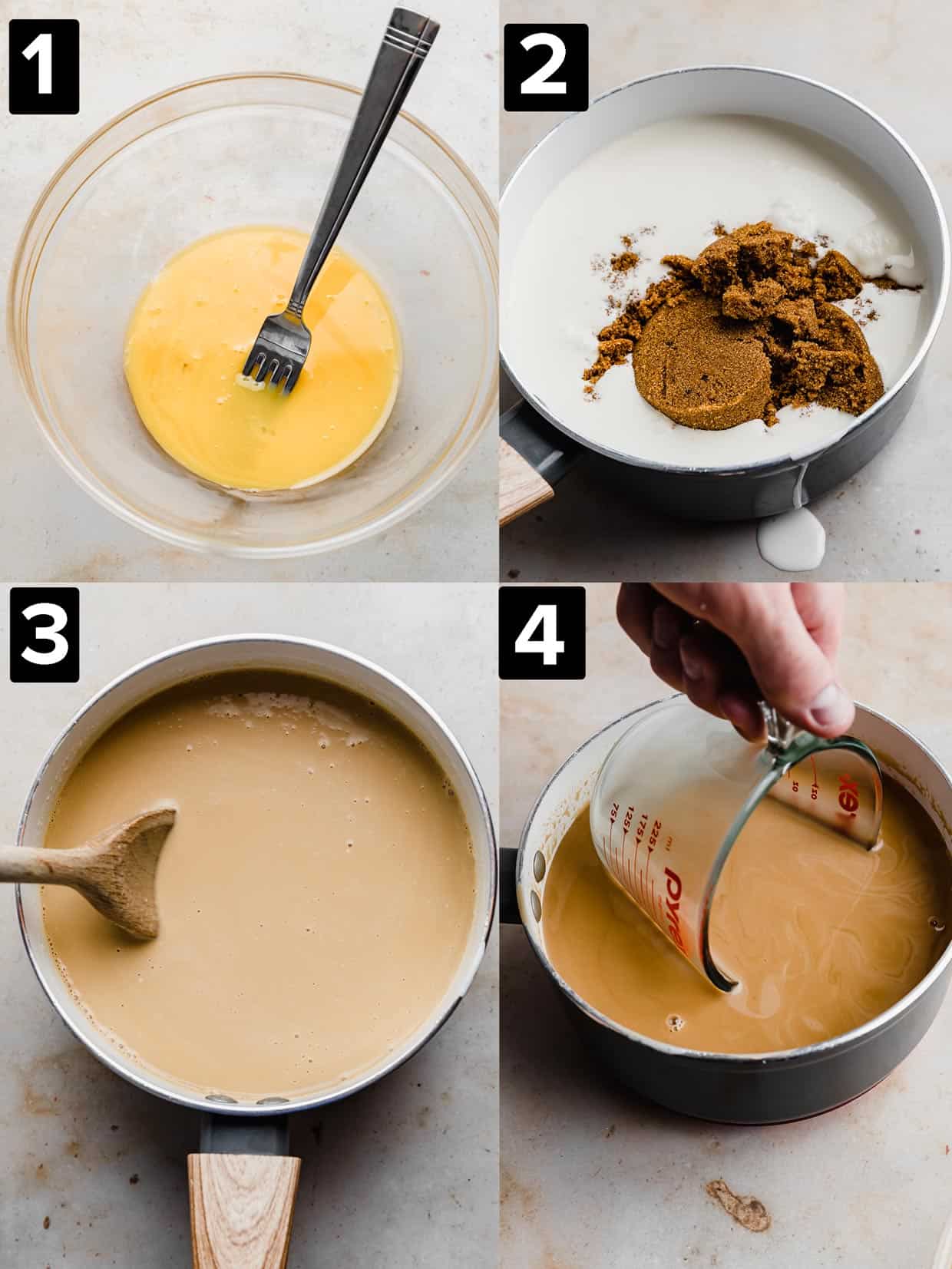 Four process photos of making custard based Butterscotch Ice Cream.