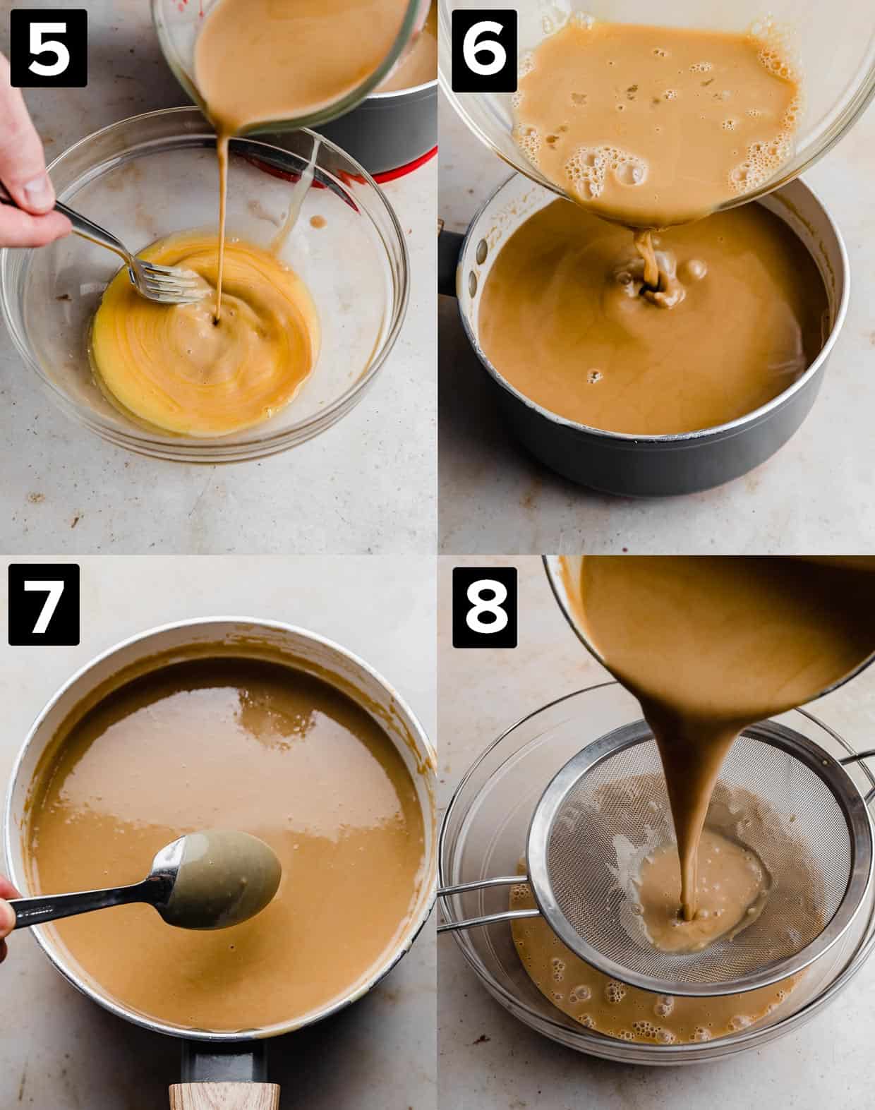 Four photos illustrating how to make Butterscotch Ice Cream: tan custard mixture being poured into egg yolks, and through a strainer.