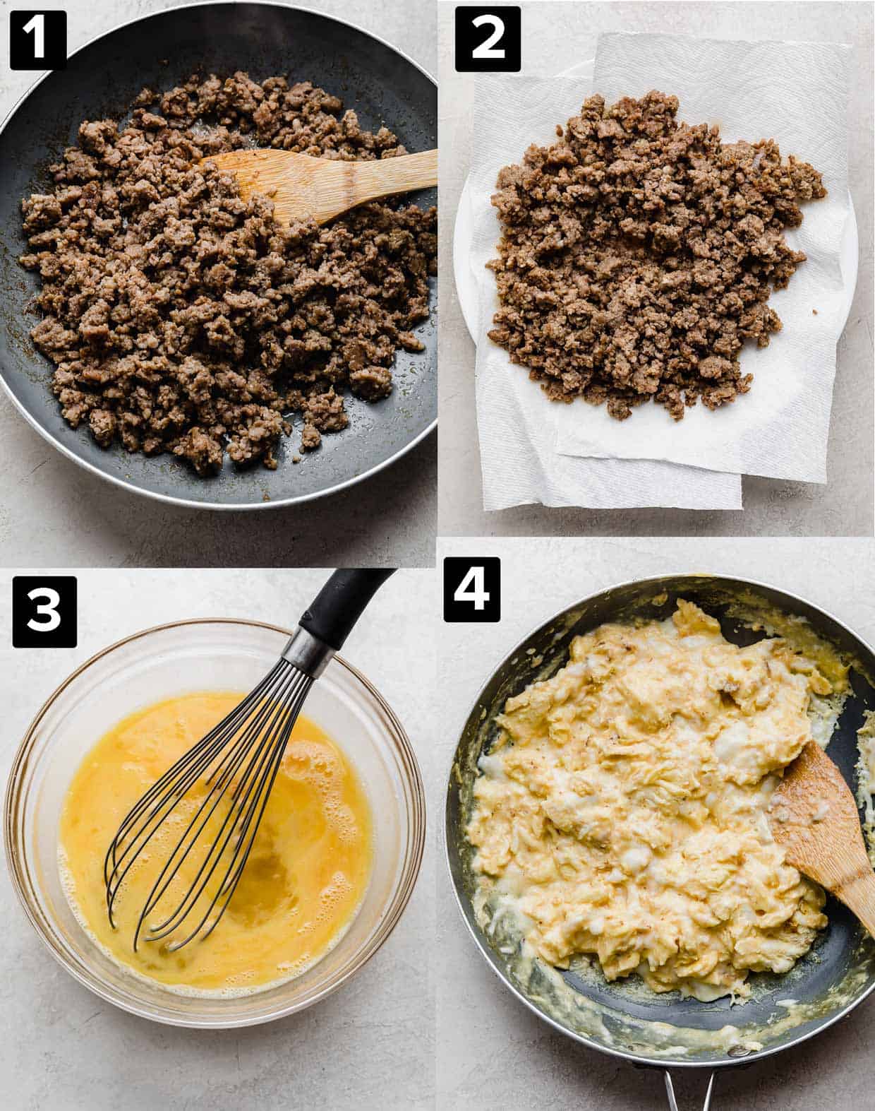 Four photos showing showing how to make Jimmy Dean Breakfast Burritos: sausage in a skillet, sausage on a plate, whisk mixing eggs, cooked eggs in skillet.
