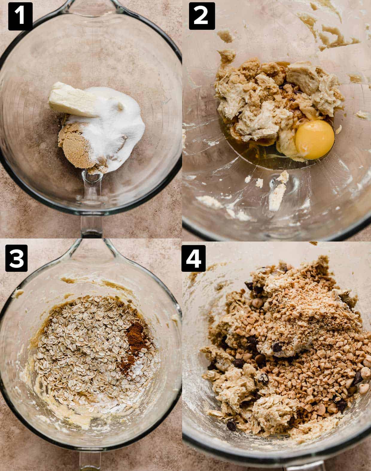 Four photos showing how to make Crumbl mom's recipe cookies, a glass bowl with cookie batter in it.