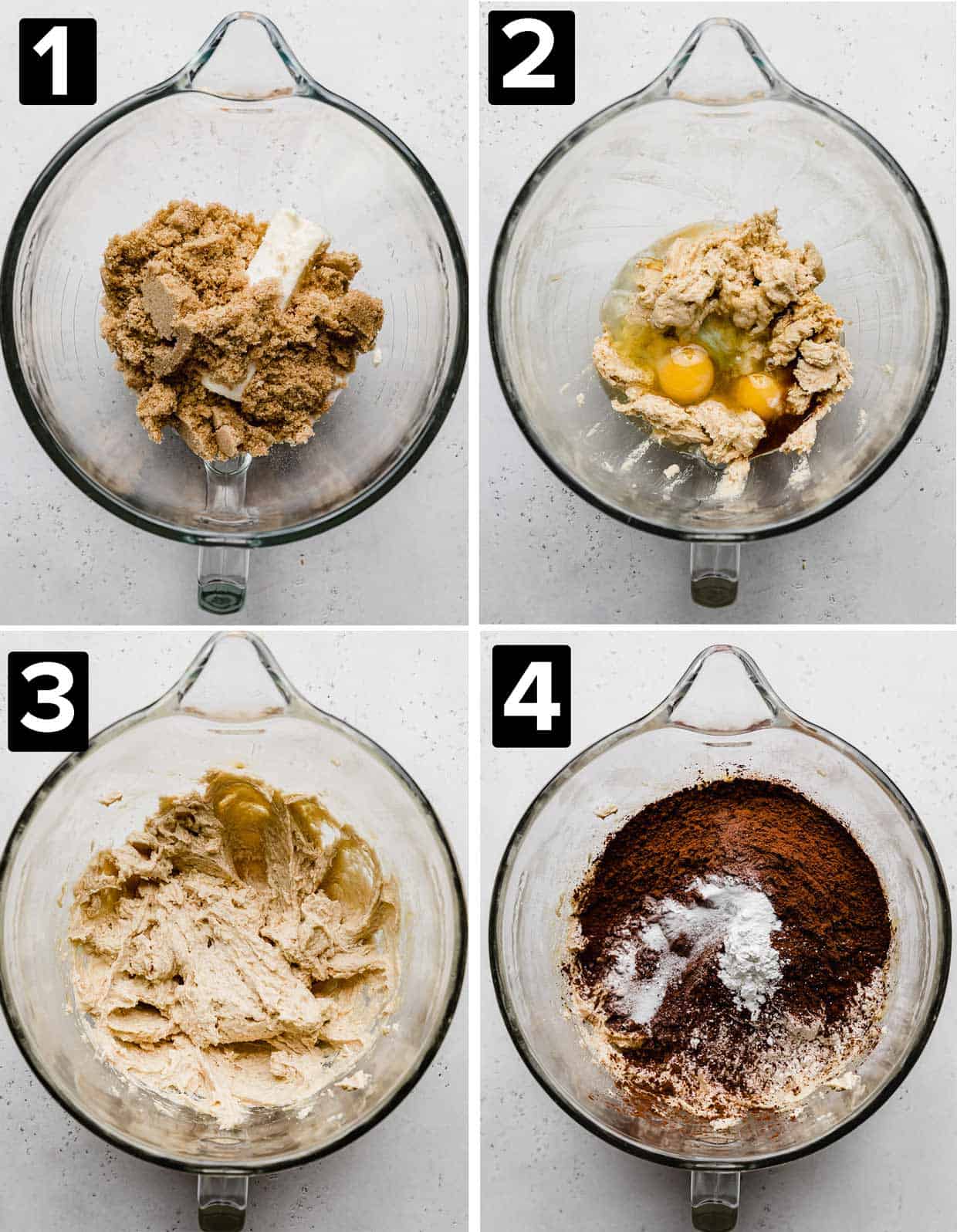 Four photos showing the making of Chocolate Andes Mint Cookie dough in a glass bowl on a gray background.