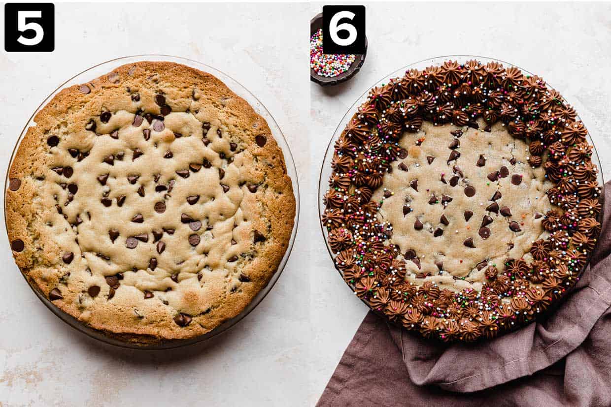 Two photos: left is a baked chocolate chip cookie cake, right photo is a chocolate frosting frosted cookie cake on a white background.