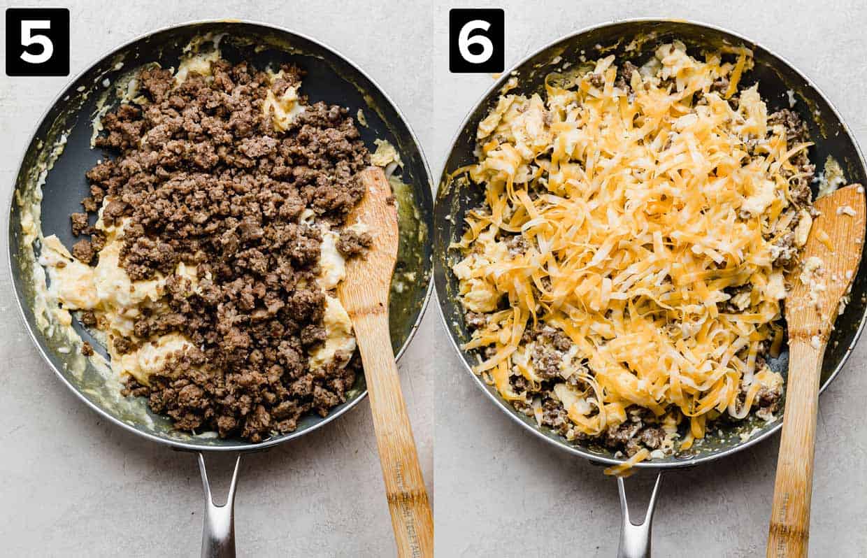Two photos showing how to make Jimmy Dean Breakfast Burritos: left photo is eggs and sausage in a skillet, right photo has shredded cheese overtop sausage and egg in a skillet.