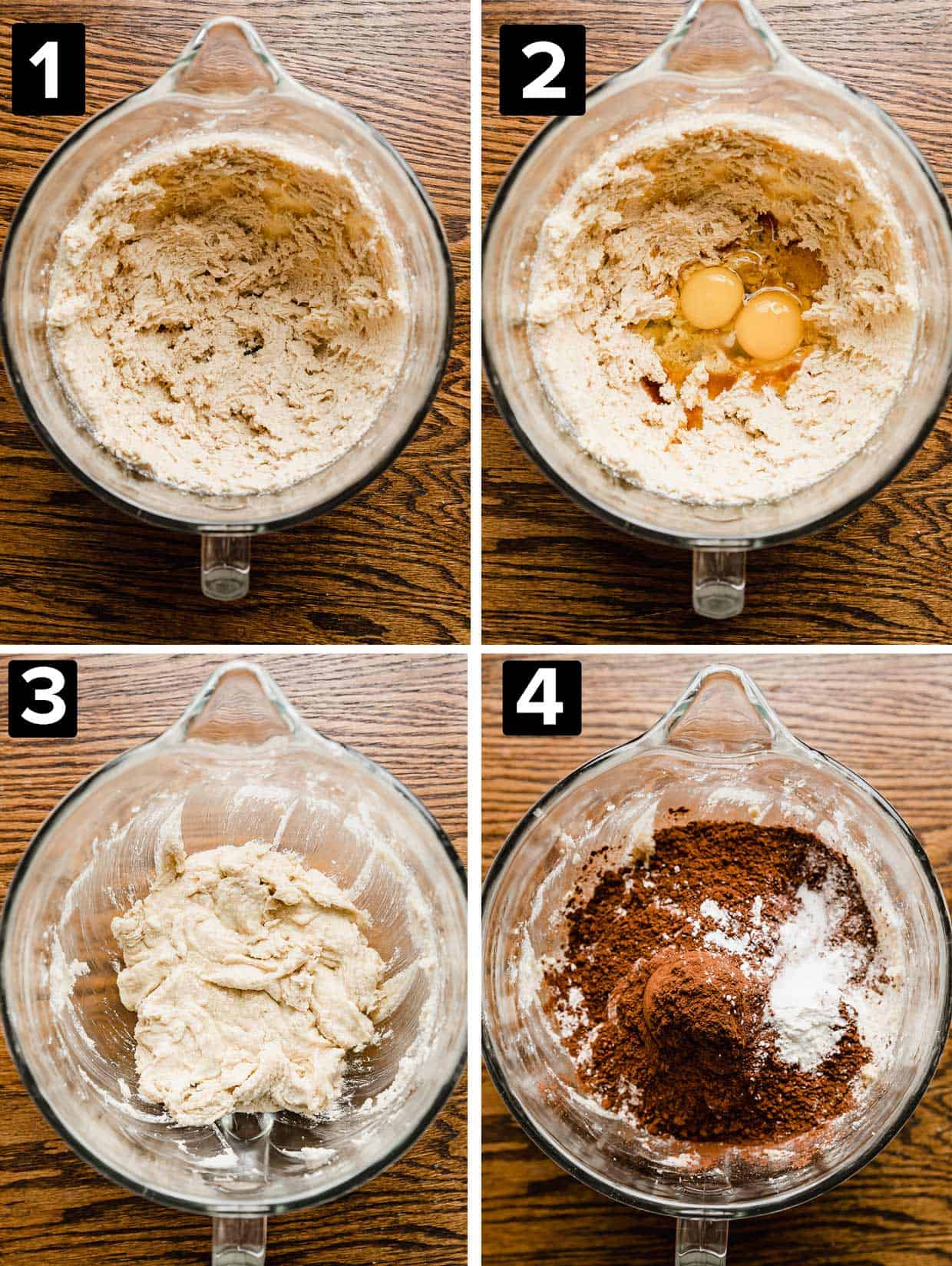 Four photos showing how to make Crumbl Walnut Fudge Brownie Cookies, each photo has a glass mixing bowl on a wood background with creamed butter and sugar with the addition of eggs, and dry ingredients.