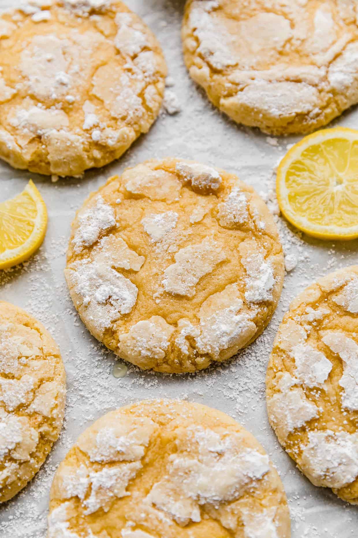Copycat Crumbl Lemon Crinkle Cookies on a white background. 