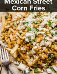Corn fries topped with corn, cilantro and a crema with the words, "Mexican Street Corn Fries" written in white font over a black background.