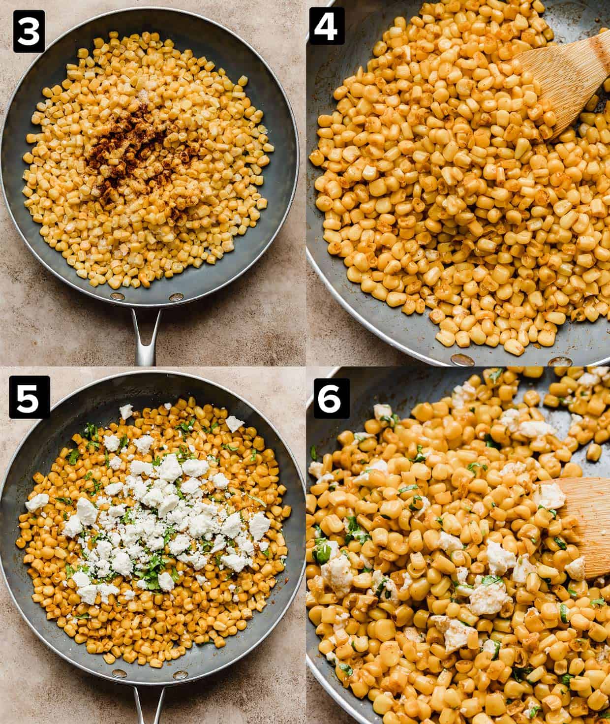 Four photos showing corn in a skillet, being mixed, adding cheese and cilantro, and mixing again.