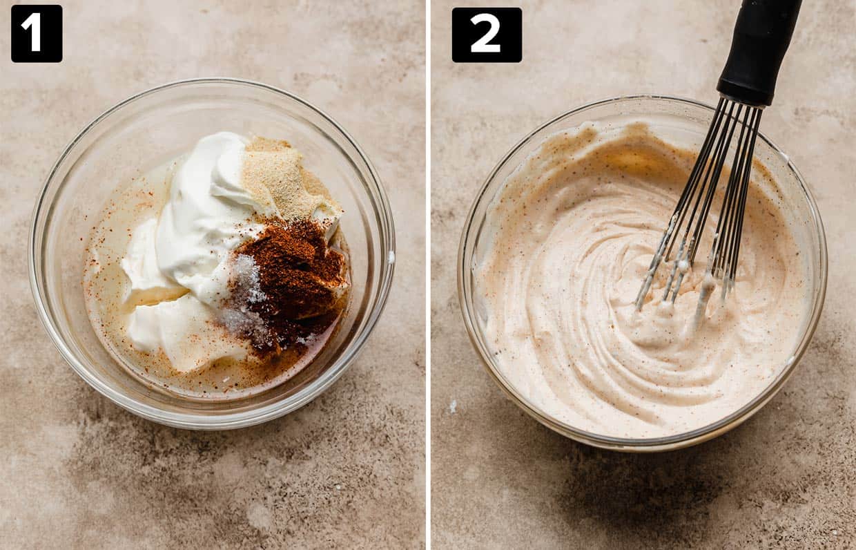 Two photos showing how to make a Corn Fries Crema.