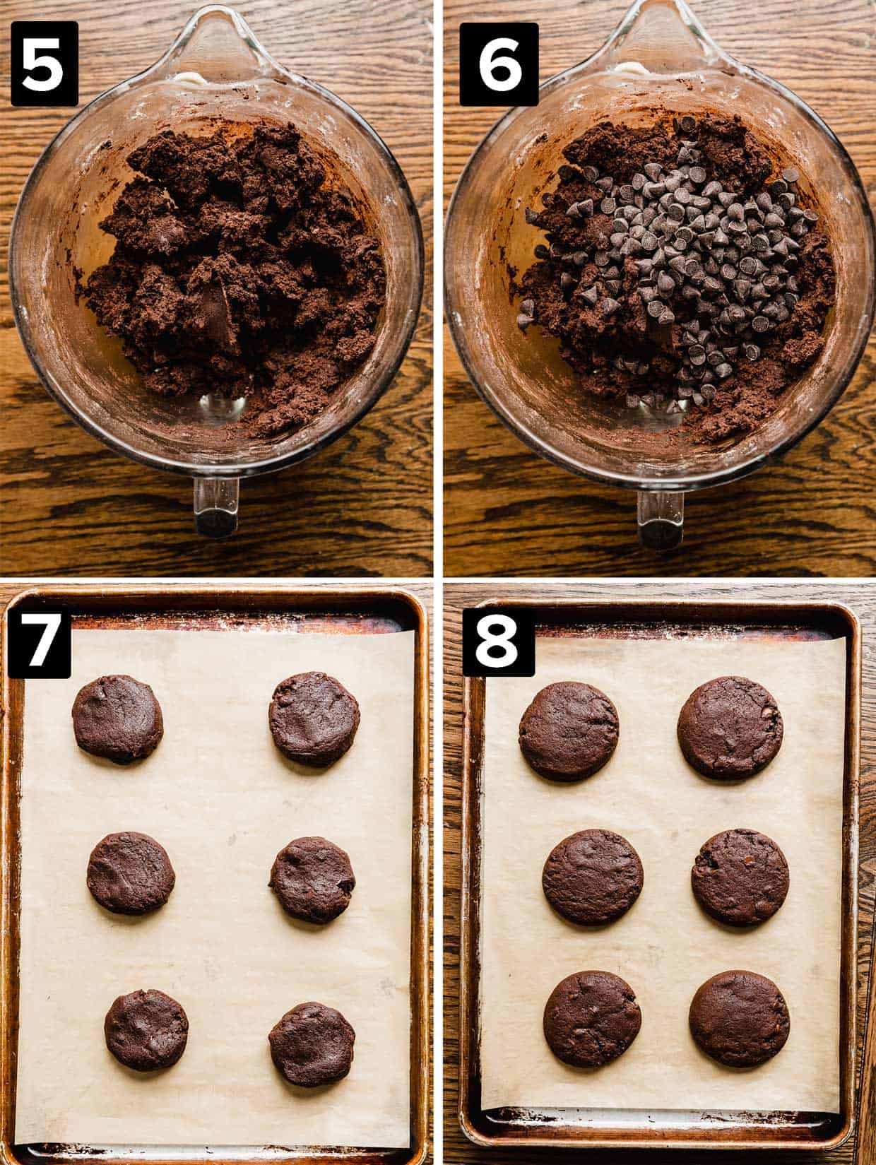 Four photos showing the making of copycat Crumbl Walnut Fudge Brownie Cookies, the brown cookie dough, with added chocolate chips, cookie dough balls on a baking sheet, and baked cookies on a baking sheet.