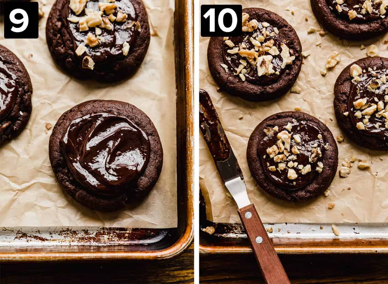 Two photos showing Crumbl Walnut Fudge Brownie Cookies, left photo has a thick chocolate ganache over the top of a cookie, then right photos shows chopped walnuts on top of the ganache.