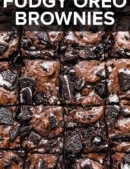 chopped Oreo topped brownies made from brownie mix, with the words, "Fudgy Oreo Brownies" in white text over the photo.