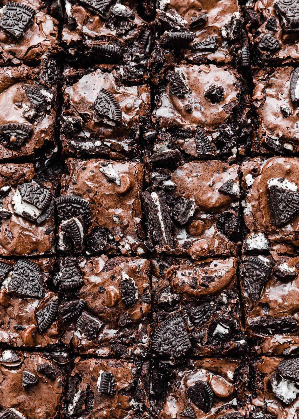 Fudgy Oreo Brownies topped with chopped Oreos cut into small squares.