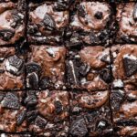 Overhead photo of Oreo Brownie Cookies cut into small squares.