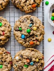 The best monster cookies topped with colorful mini M&M's and filled with rolled oats.