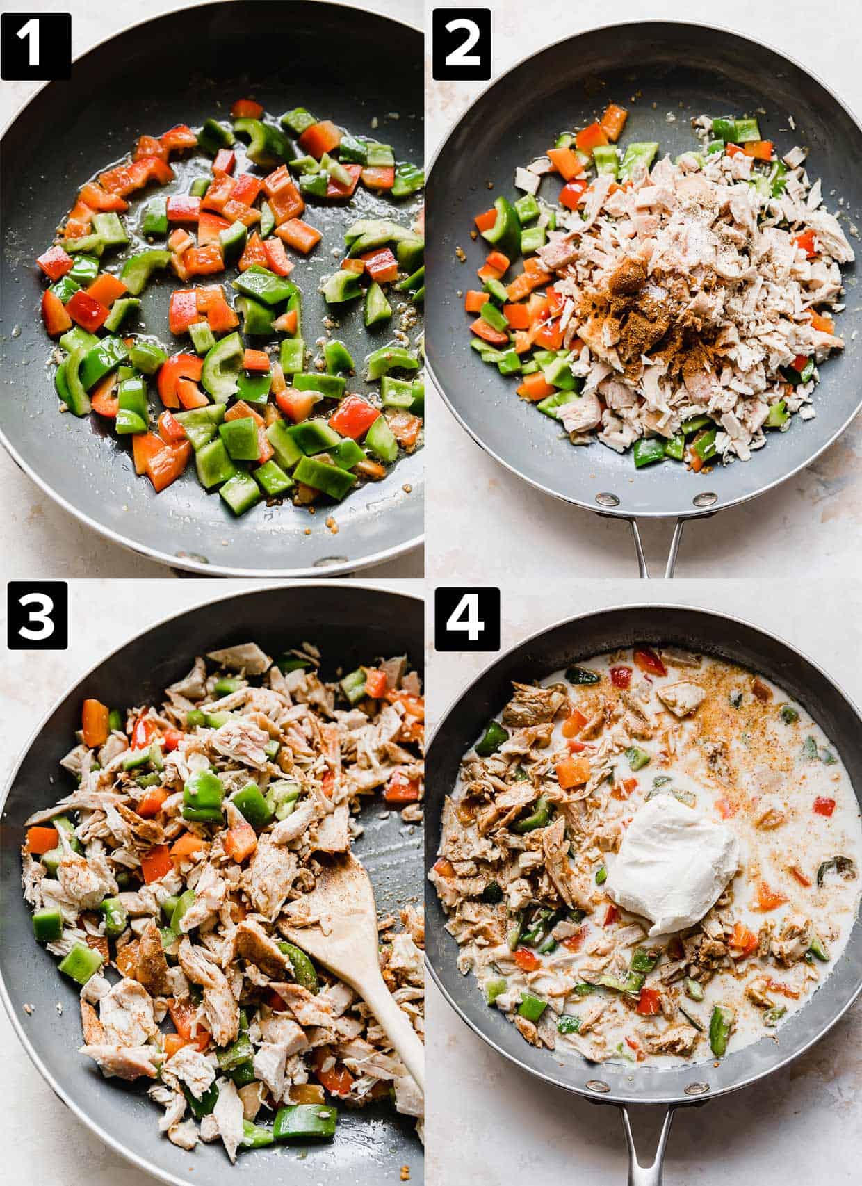 Four photos showing how to make Cajun Chicken Orzo, process includes cooking chopped red and green peppers, adding chicken and spices, stirring and adding cream cheese and milk.