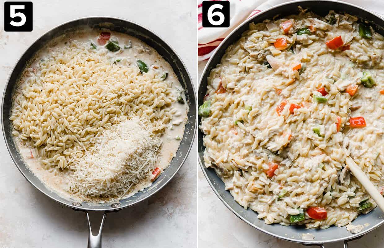 Two photos showing the making of a Cajun Chicken Orzo pasta made in a skillet.