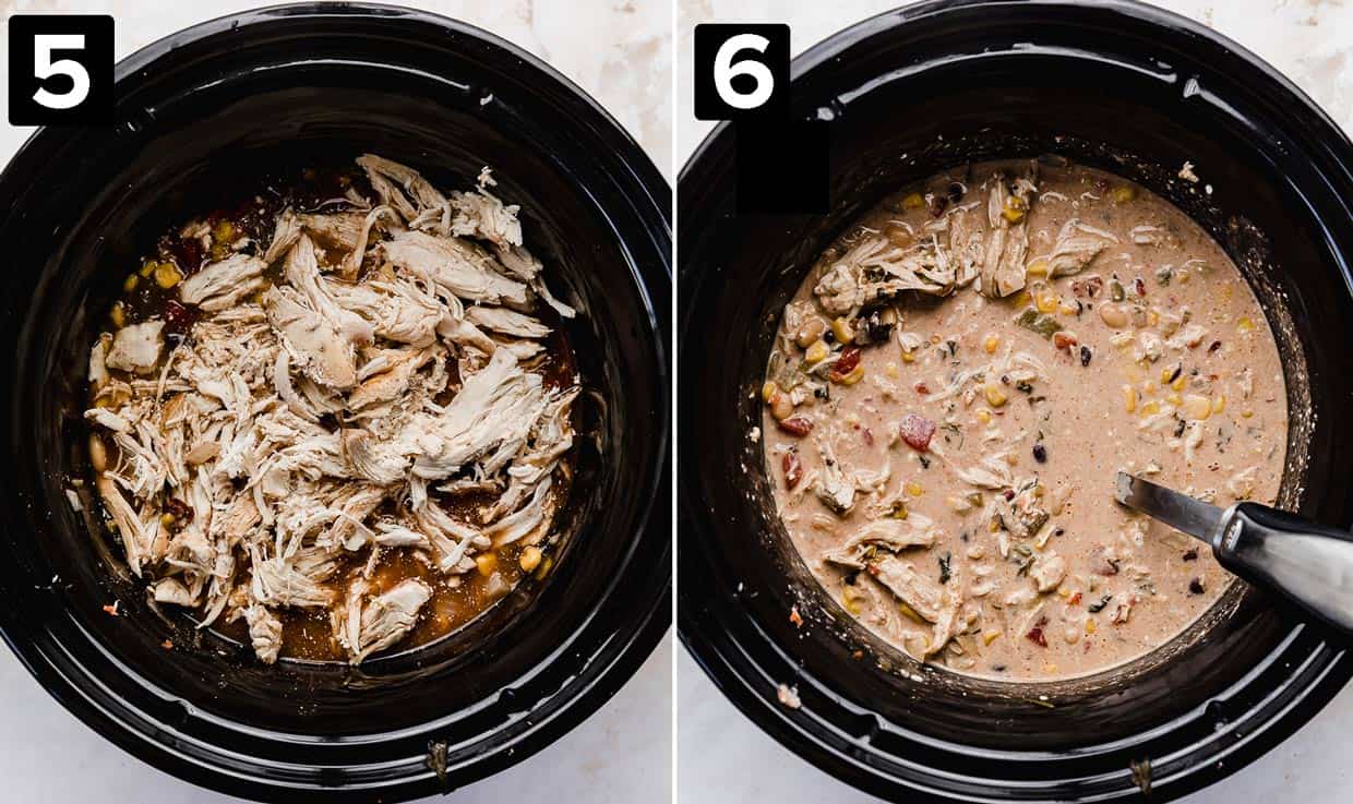 Two photos side by side: left is shredded chicken in a black crock pot, right photo is cream cheese chicken chili in the black crock pot.