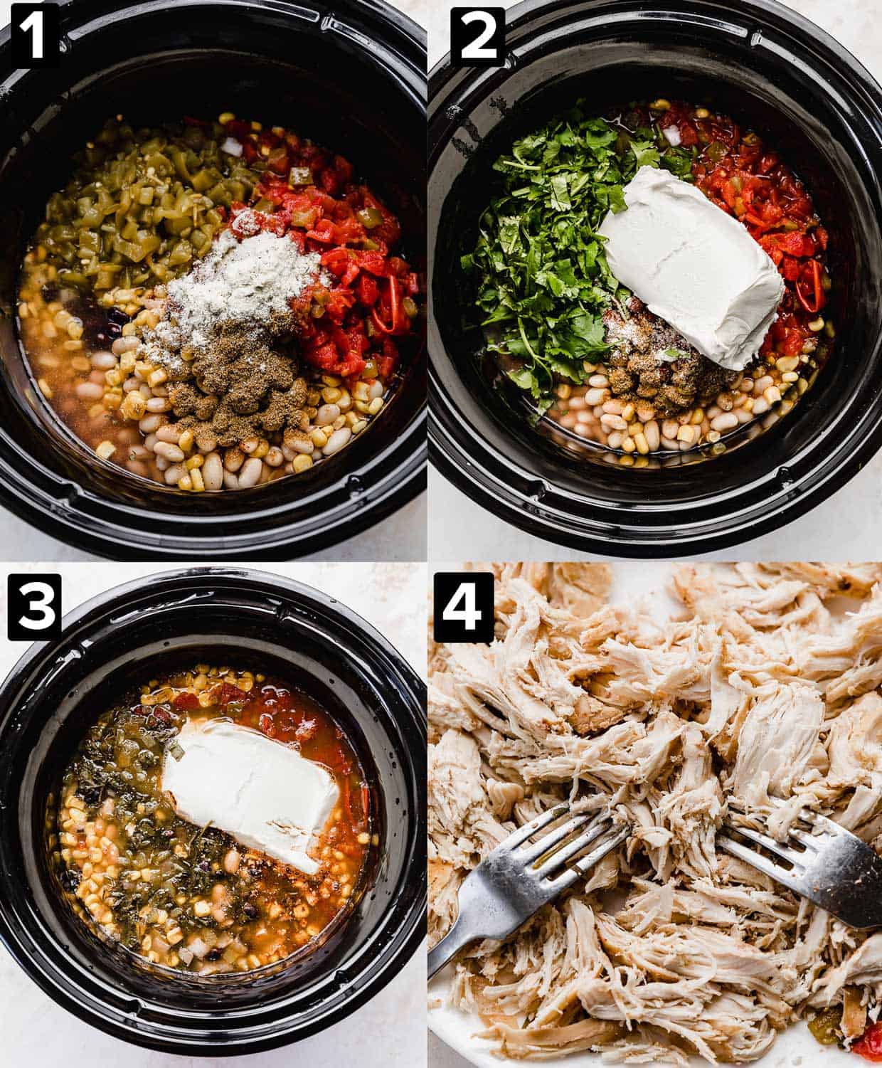 Four images showing a black slow cooker with Crock Pot Cream Cheese Chicken Chili ingredients inside, the bottom right photo is two forks shredding chicken.