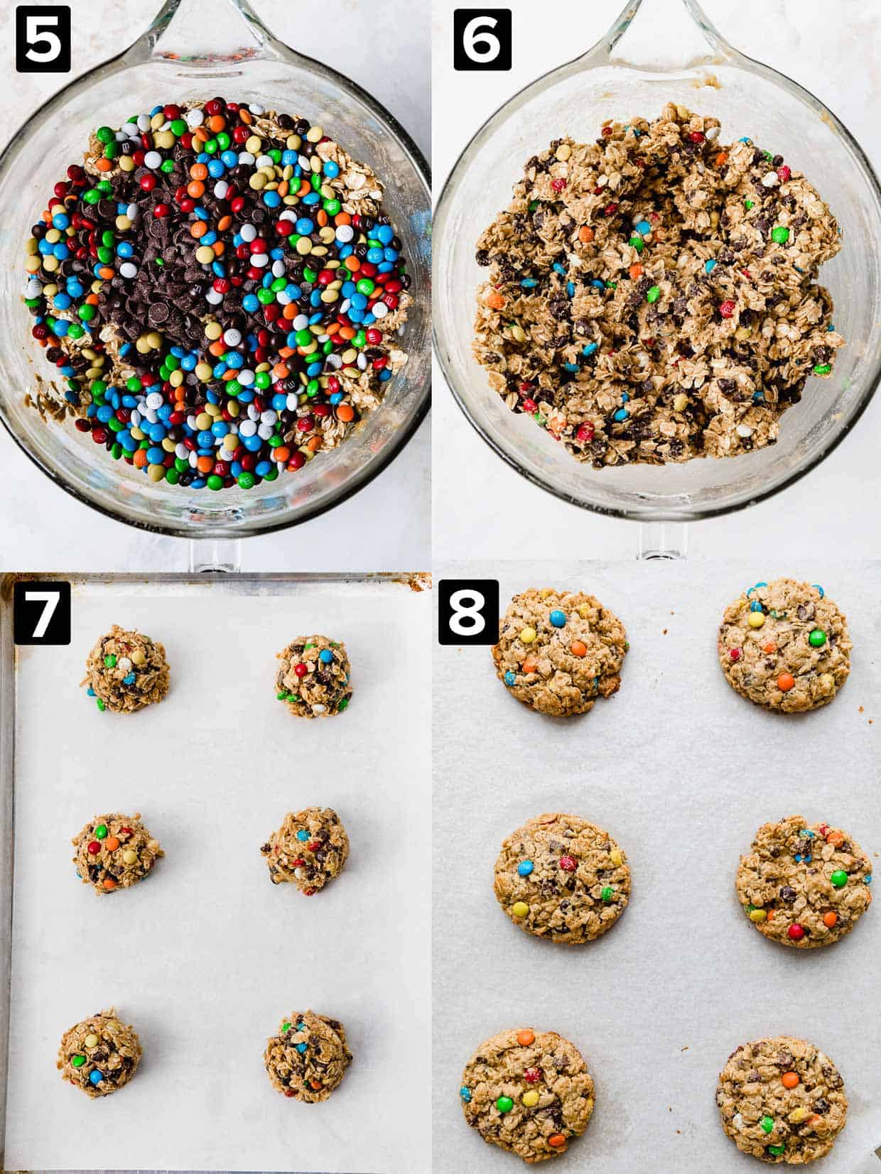 Four images showing the making of monster cookies: a glass bowl with M&M's, chocolate chips then the cookie dough mixed together, six cookie dough balls on baking sheet, then cookies baked.