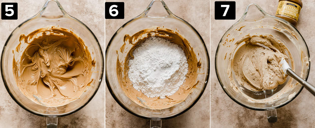 Three photos side by side showing the making of cookie butter frosting in a glass bowl.