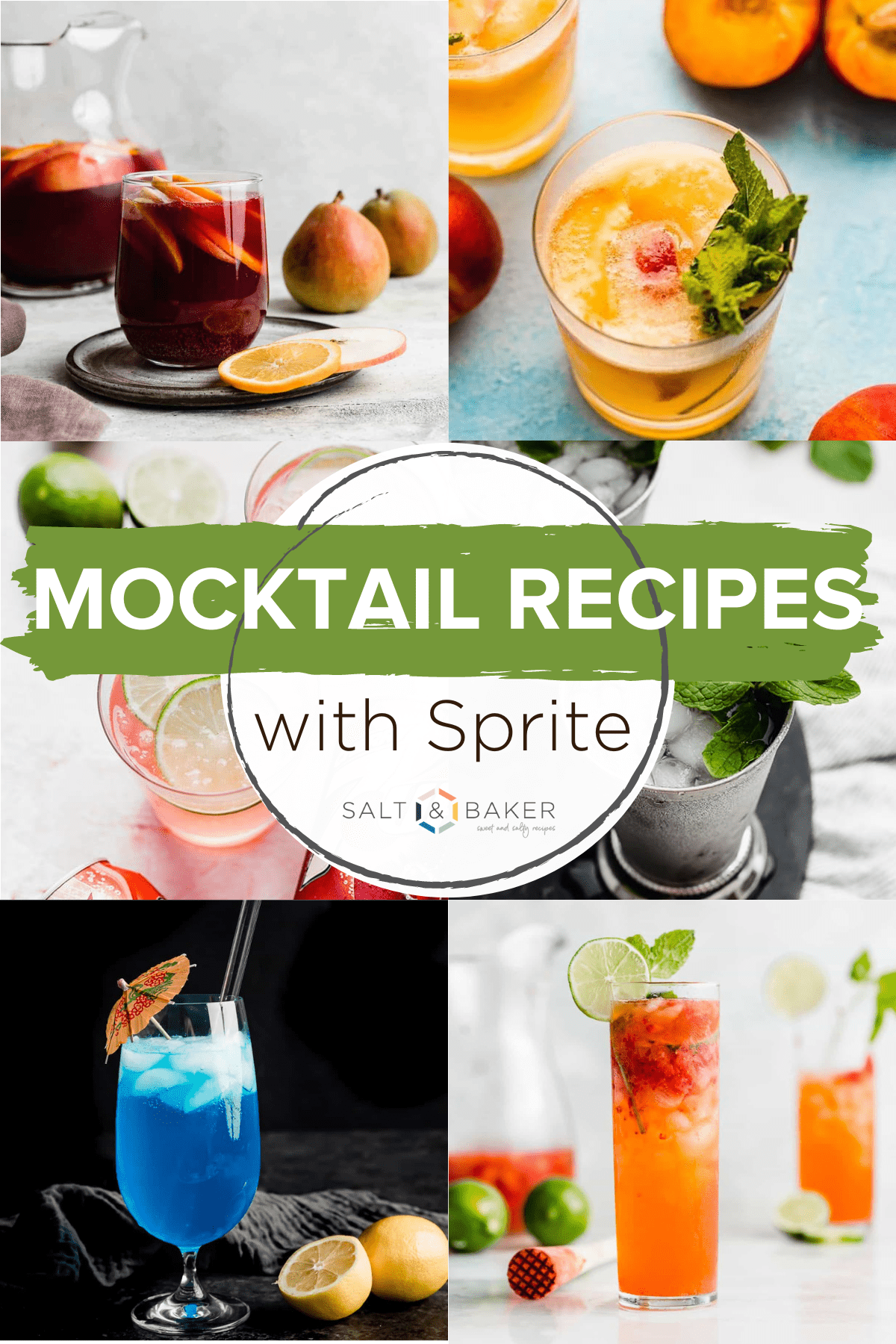 A collage of images featuring mocktail recipes that use Sprite. There's a peach mocktail, non-alcoholic Sangria, limeade slush mocktail and strawberry mocktail drinks pictured. 