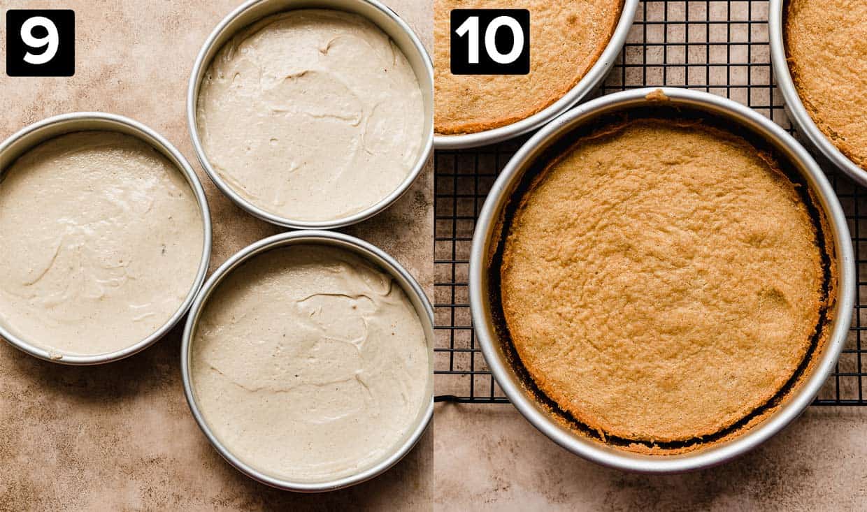 Two side by side photos: left has three round cake pans with Brown Butter Cake batter in it, right photo I sa baked Brown Butter Cake in a round cake pan.