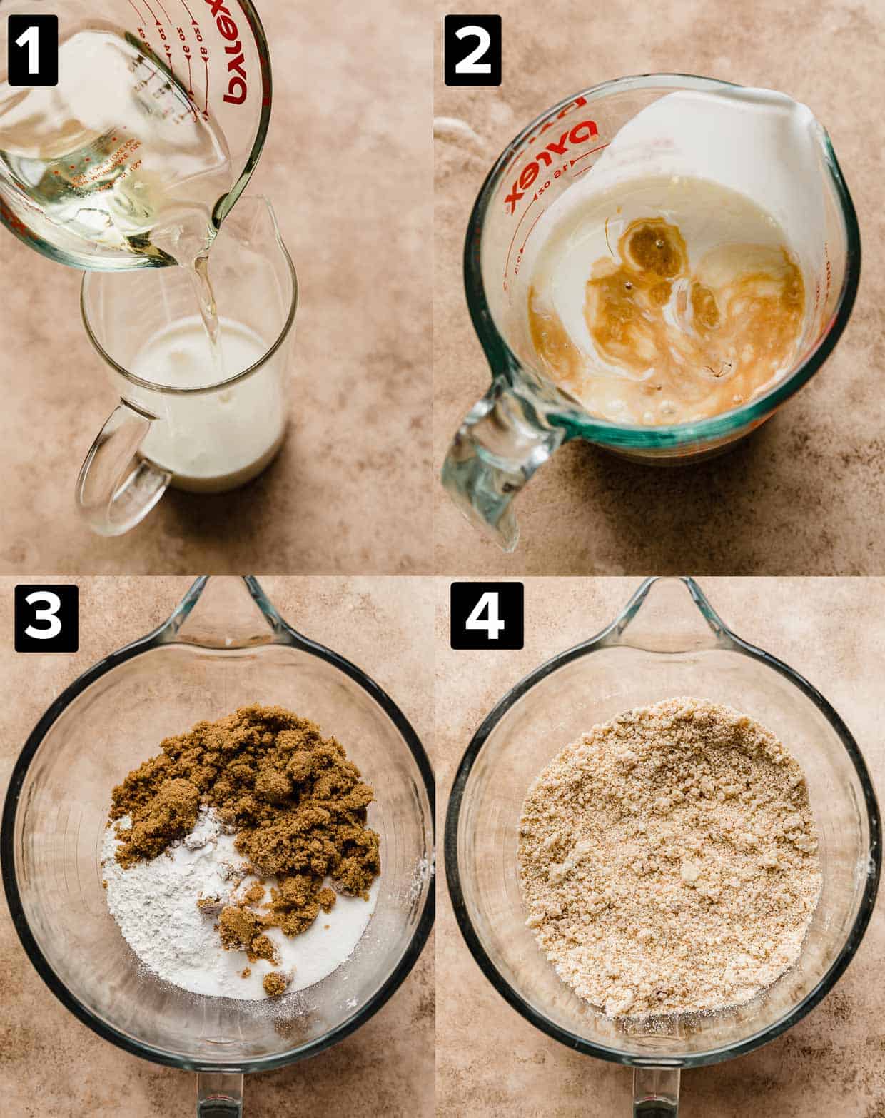 Four photos showing the making of Brown Butter Cake batter.
