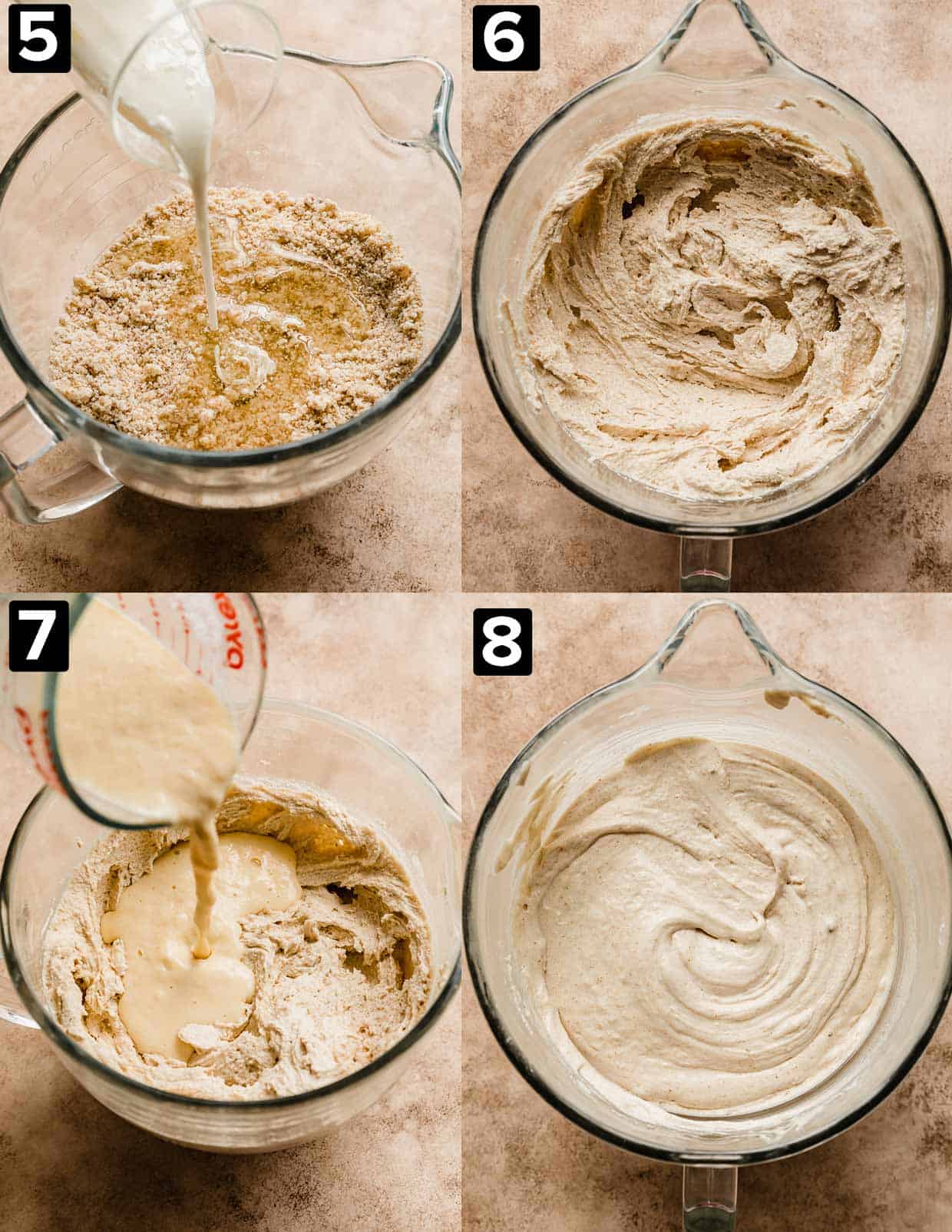 Four images showing the making of an easy Brown Butter Cake, a glass bowl with batter in it on a brown background.