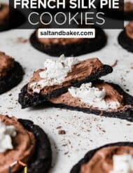 Oreo cookie base topped with chocolate mousse and whipped topping, cut in half with the words, "French Silk Pie Cookies" in white text over the photo.