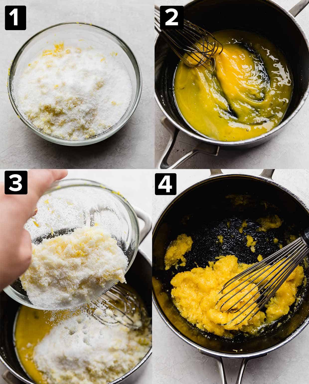 A photo collage of four photos showing the making of the most amazing Lemon Curd Recipe; egg yolks in a pot, lemon sugar being poured into pot, mixing the yolk and sugar mixture. 