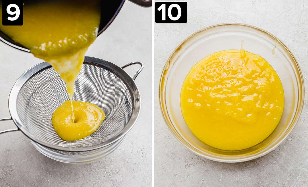 Two photos side by side: left photo shows lemon curd being poured through a fine mesh sieve, right photo is yellow lemon curd in a glass bowl on a white background.