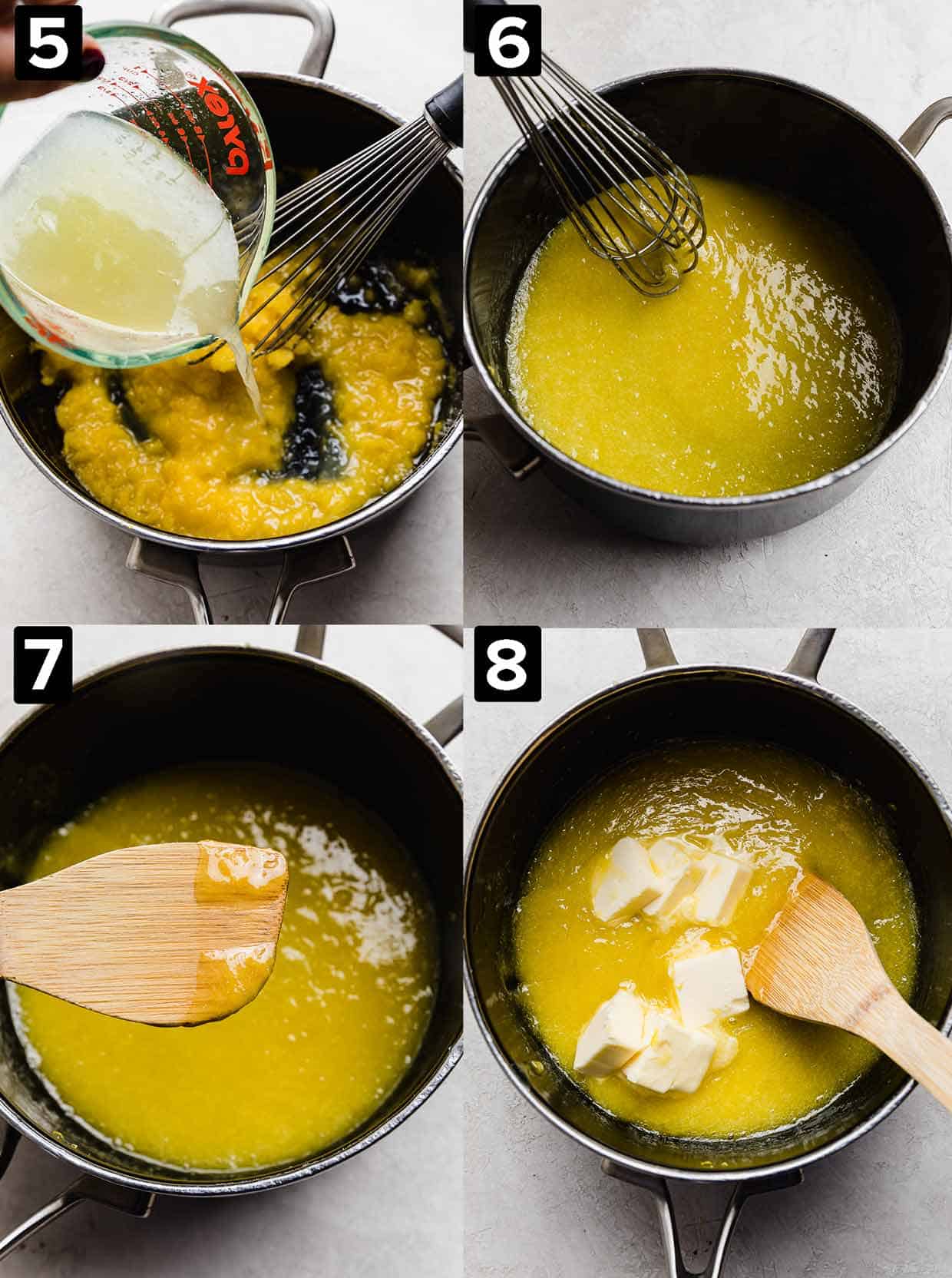 Four photos showing how to make lemon curd: lemon juice poured into a black pot, a whisk stirring the curd mixture, a wooden spoon with yellow lemon curd on it, and butter pieces in the lemon curd.