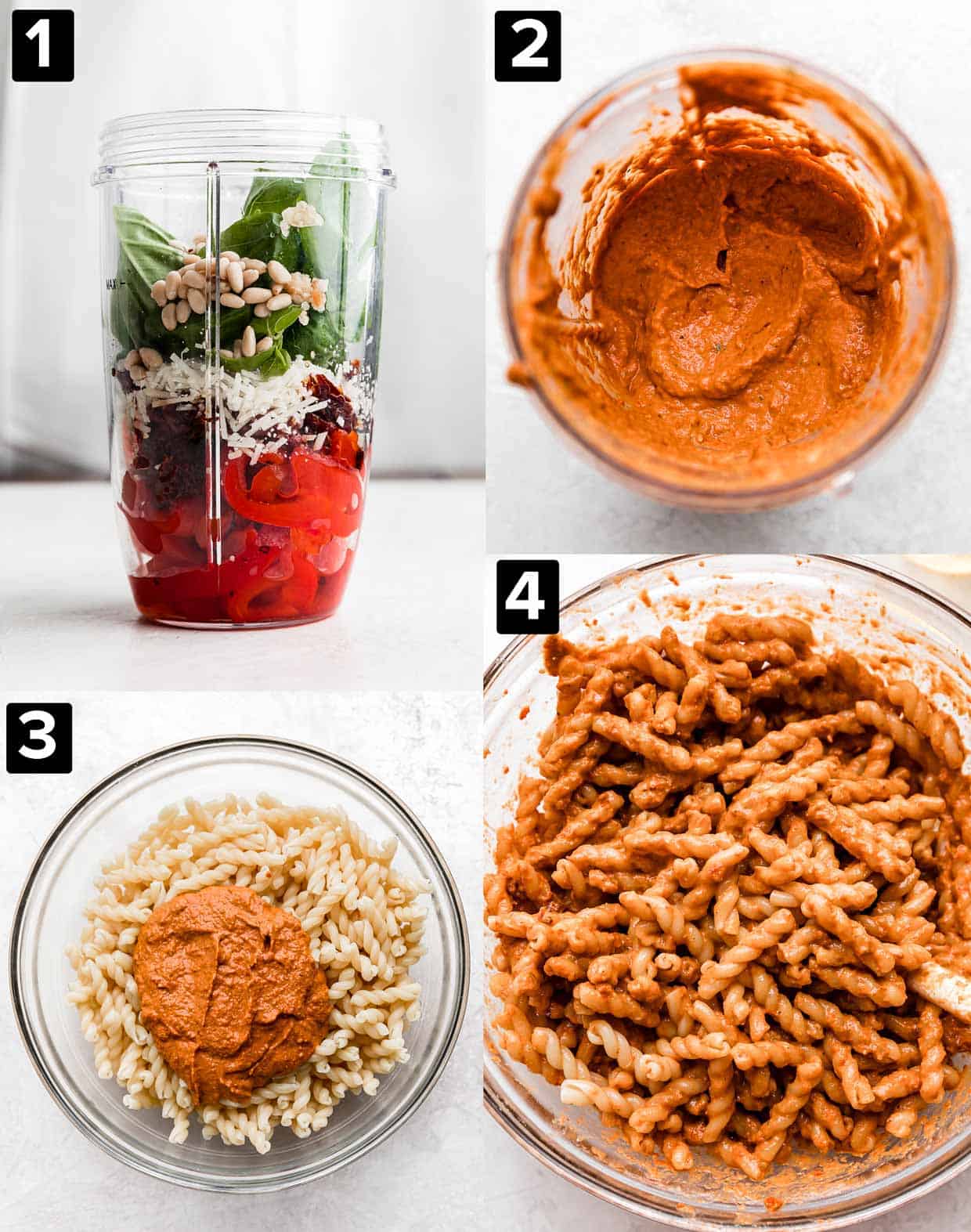 Four photos showing how to make Red Pesto Pasta: ingredients in a blender, red pesto pasta pureed, the red pesto pasta over noodles, and noodles mixed with the pesto.