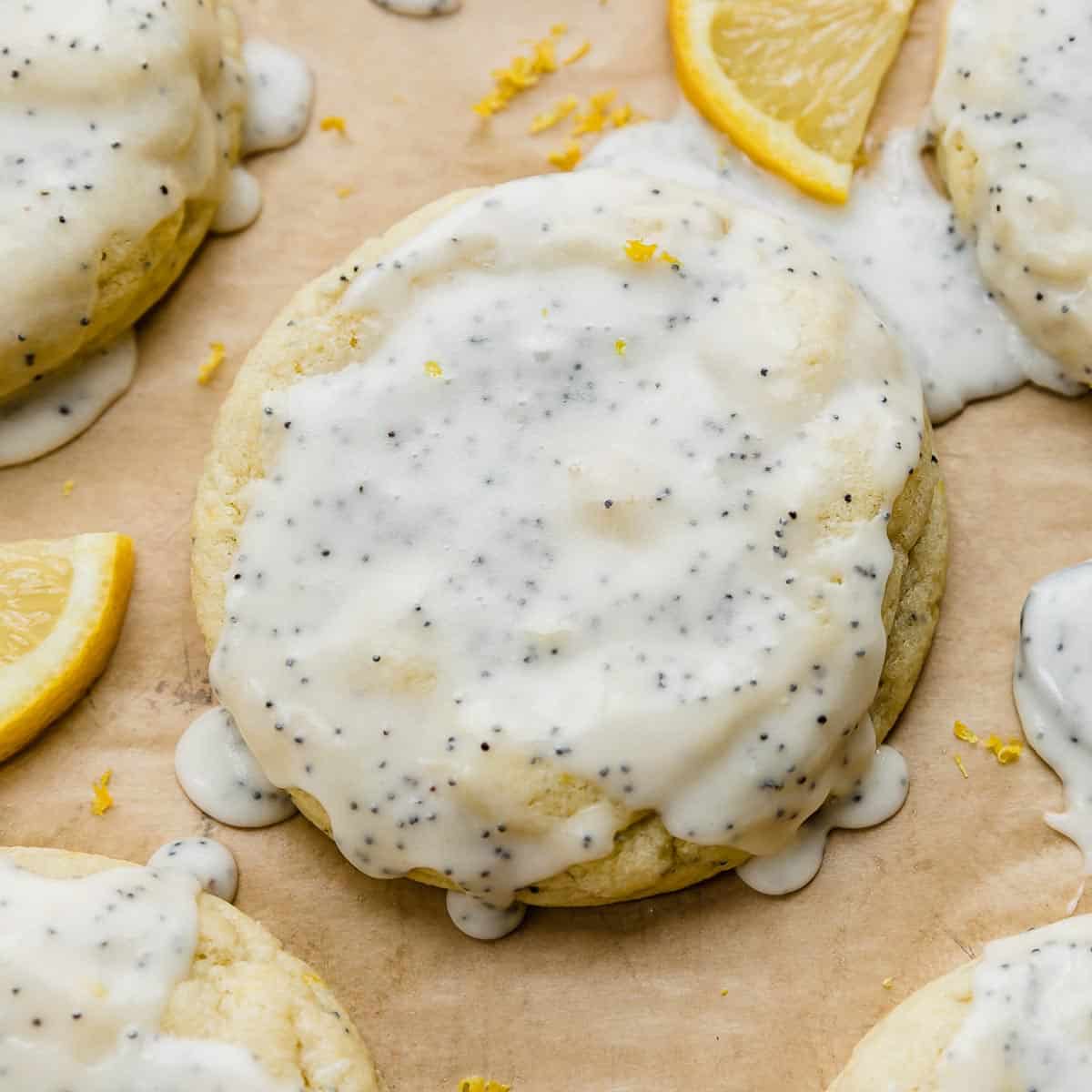 Lemon Poppy Seed Cookies on a light brown background.