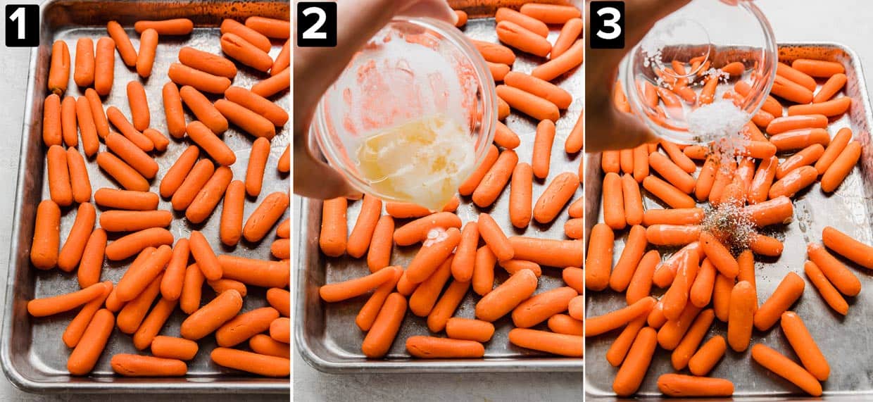 Three images showing the making of Roasted Baby Carrots on a baking sheet: baby carrots, butter poured overtop, and salt and pepper sprinkled overtop. 
