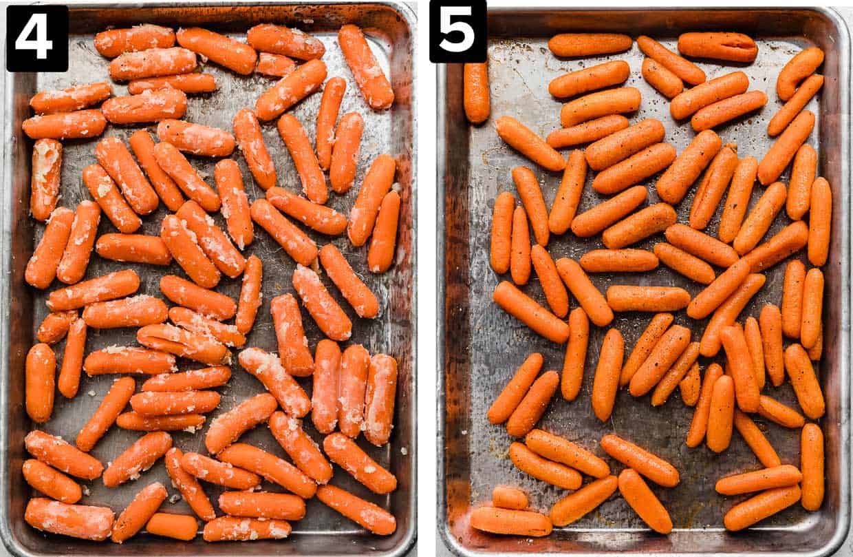 Two images, left image has butter coated baby carrots on a baking sheet, right image shows Roasted Baby Carrots on a baking sheet.