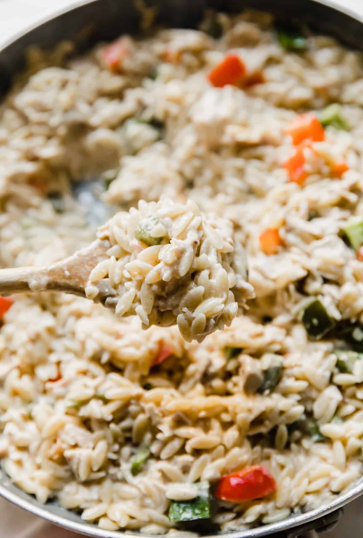 A wooden spoon with Cajun Chicken Orzo on it.