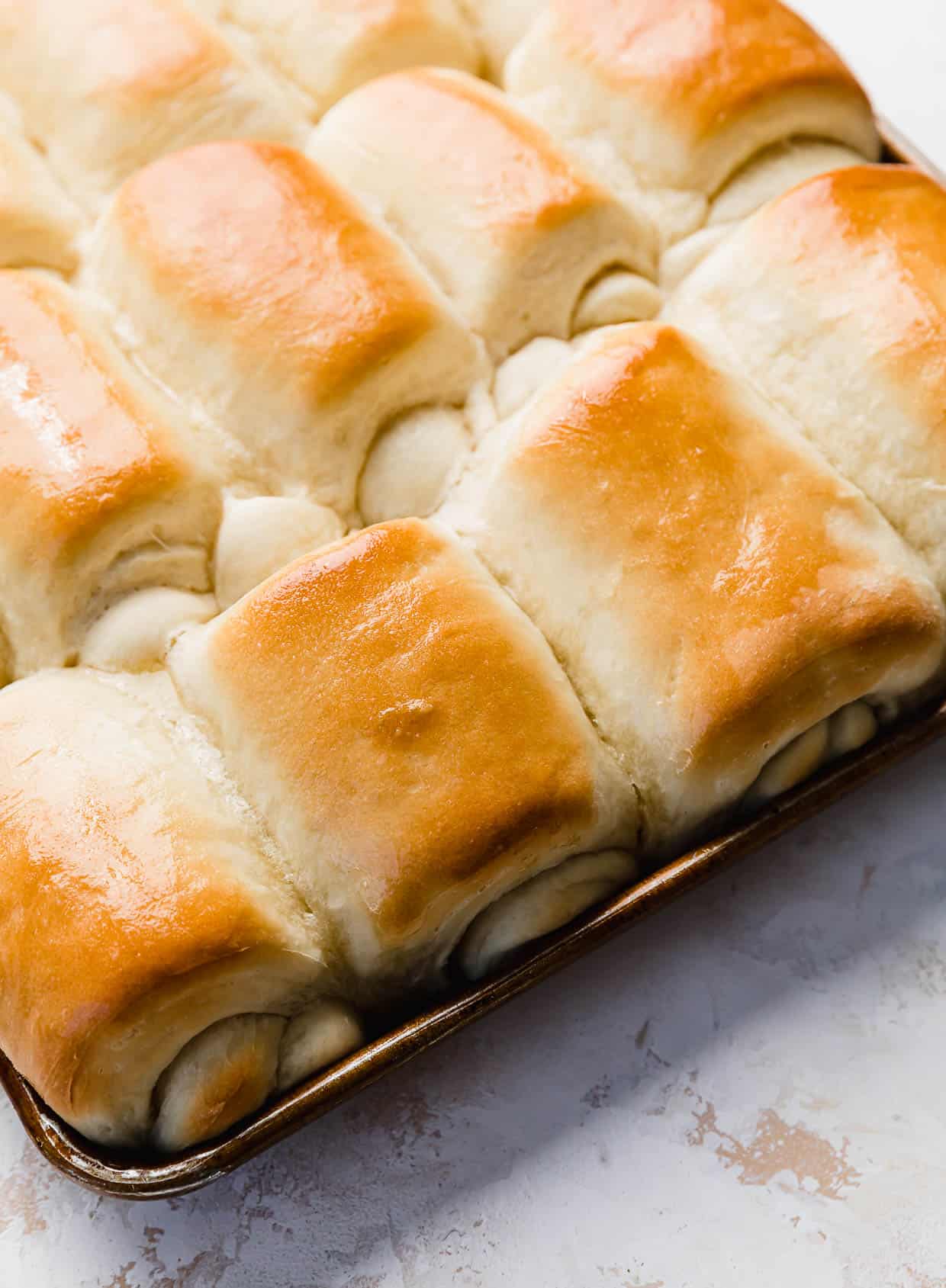 Easy Lion House Rolls that are golden in color, lined up on a baking sheet.