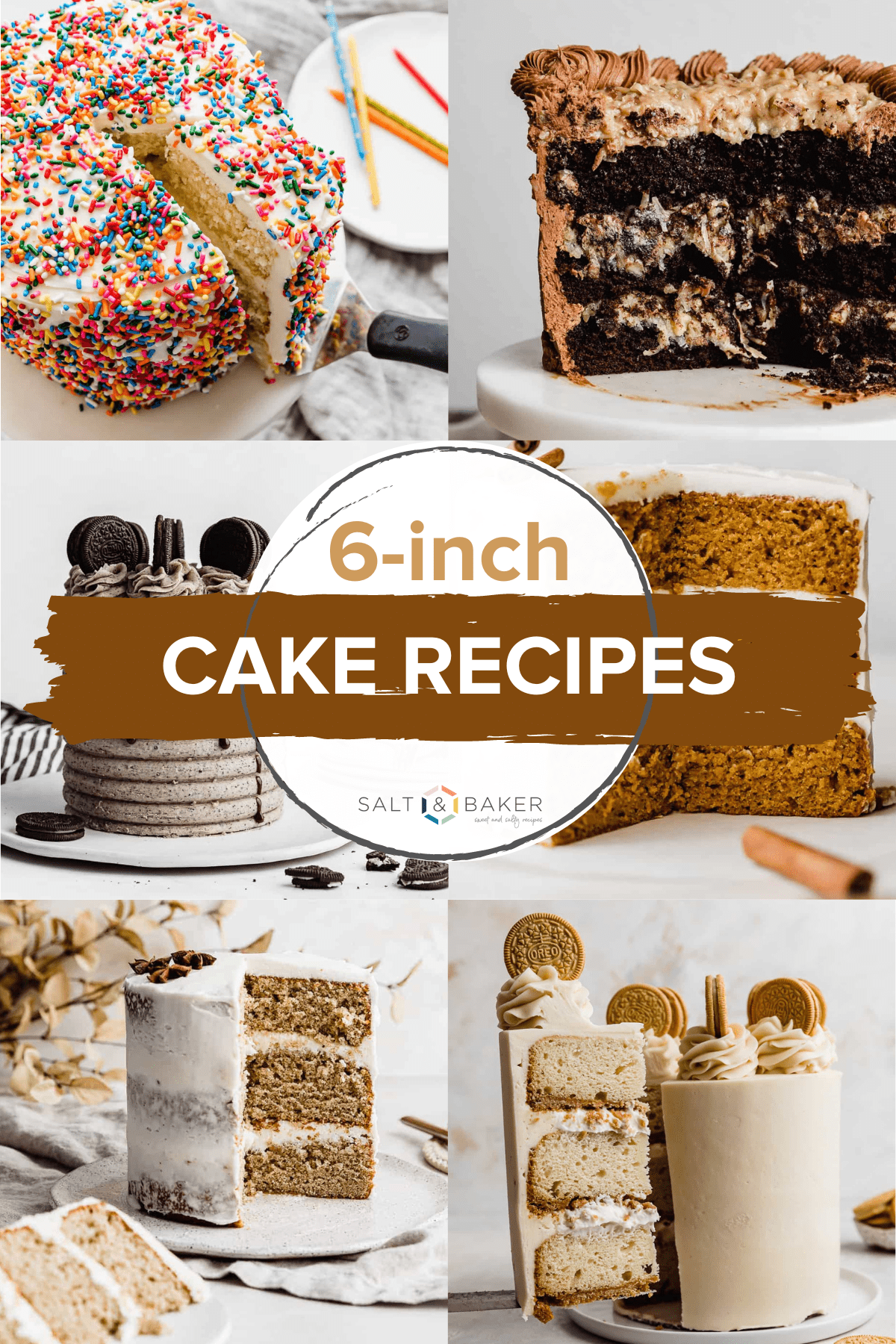 A collection of images featuring delicious 6-inch layer cakes! Coconut cookies and cream cake, German Chocolate cake, pumpkin cake and more!