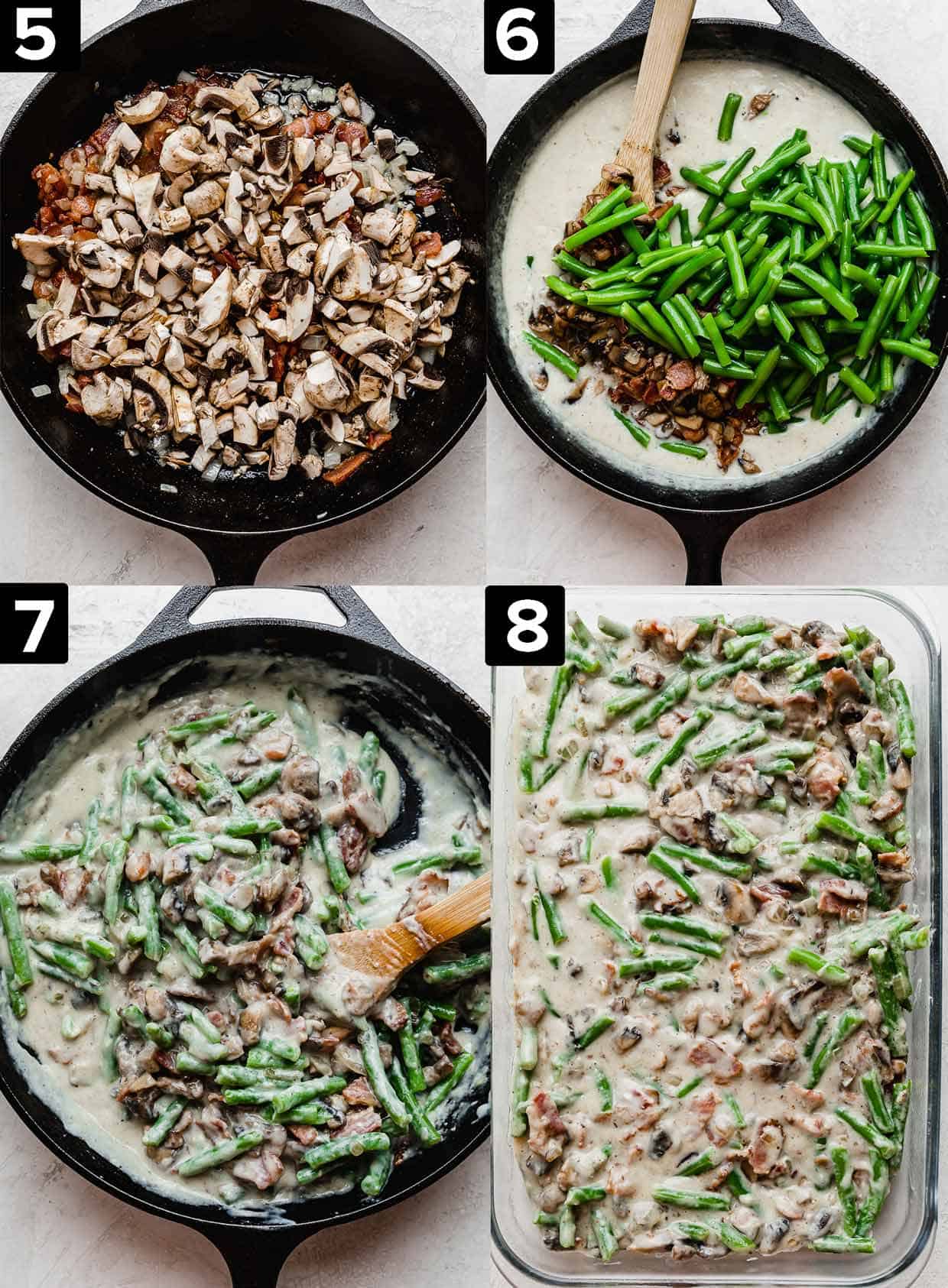 Four images showing the making of a fresh green bean casserole with bacon in it.