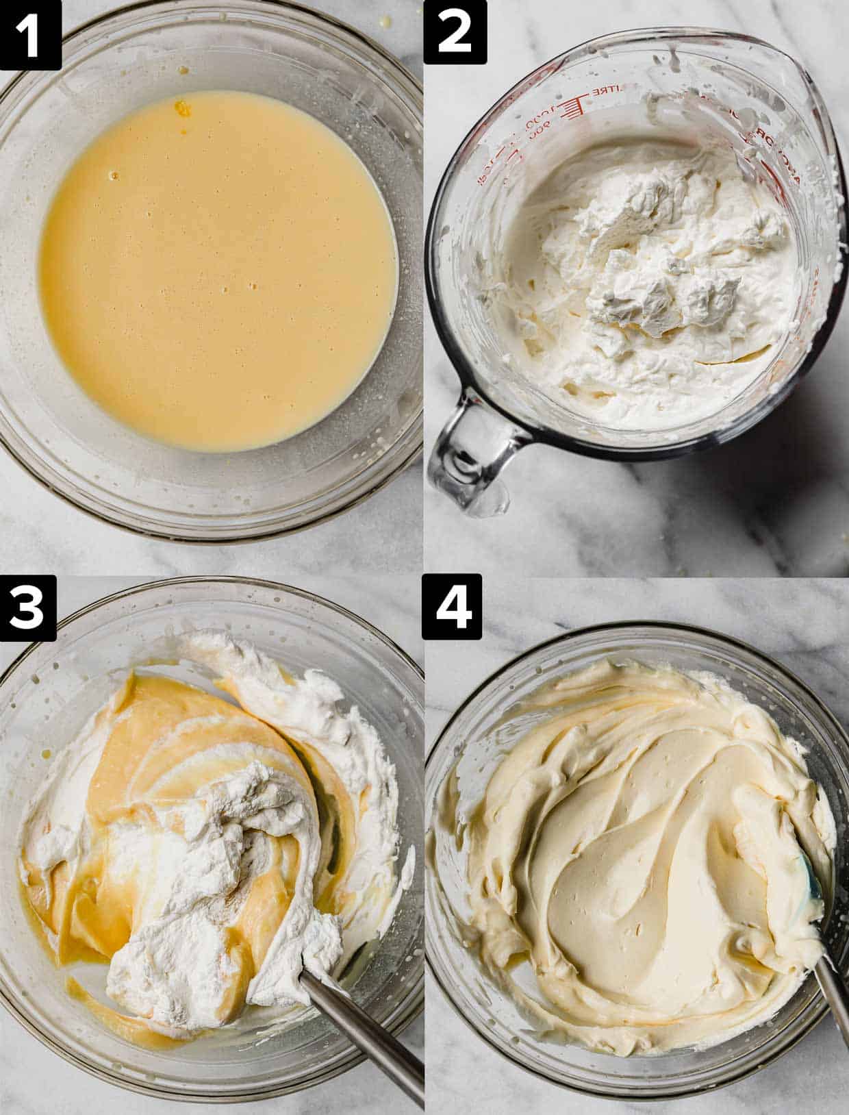 Four images showing how to make the Banana Cream Pie filling to top on cookies.